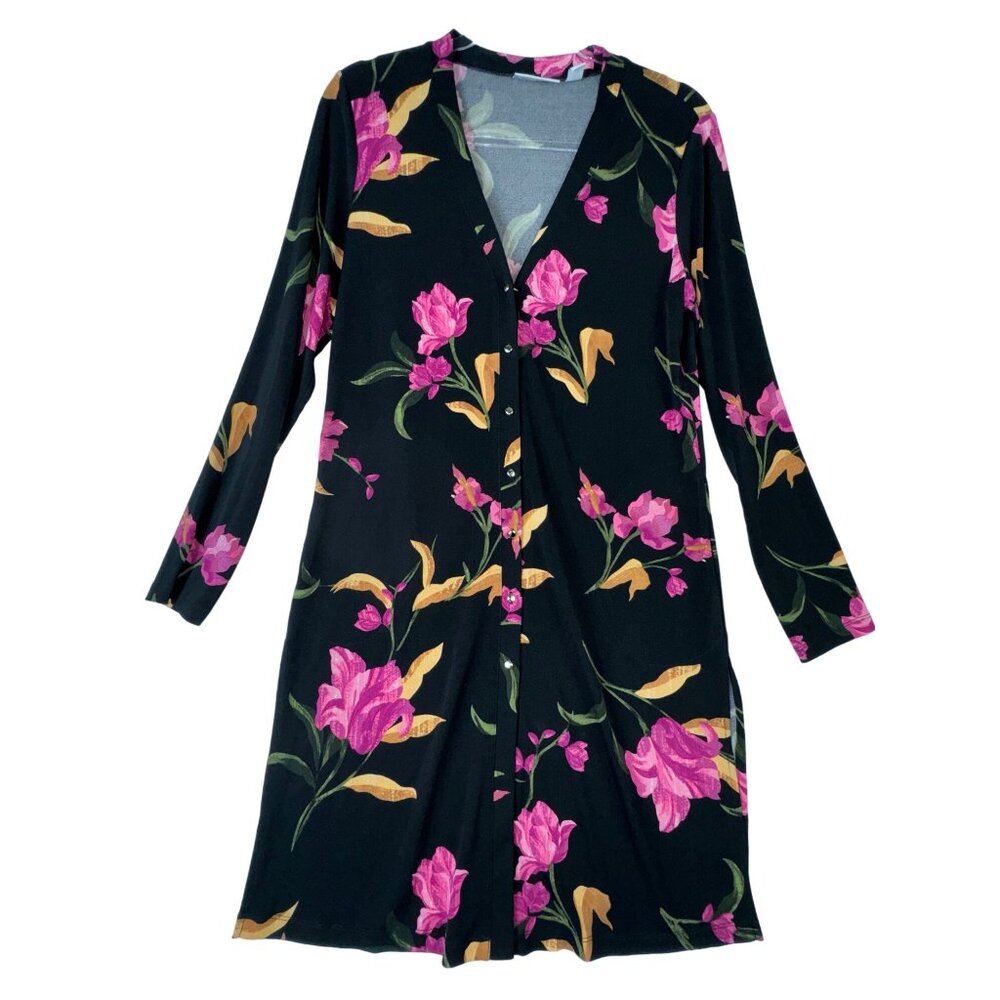 Susan Graver Floral Print Button Front Dress Jacket Cardigan Black Stretch‎ XS